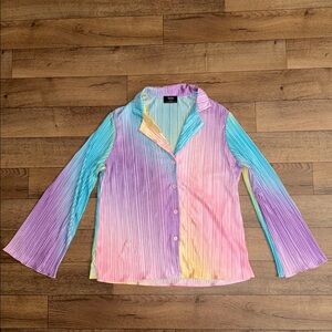 Dressed In Lala Size Medium Rainbow Daydream Plissé Pleated Long Sleeve Top Cute
